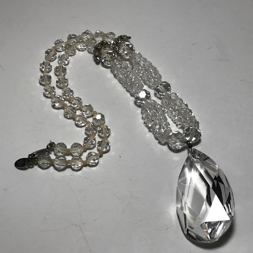 Vintage Les Bernard Crystal Beads Necklace With Lrg Pear Shape Pendant 22” READ